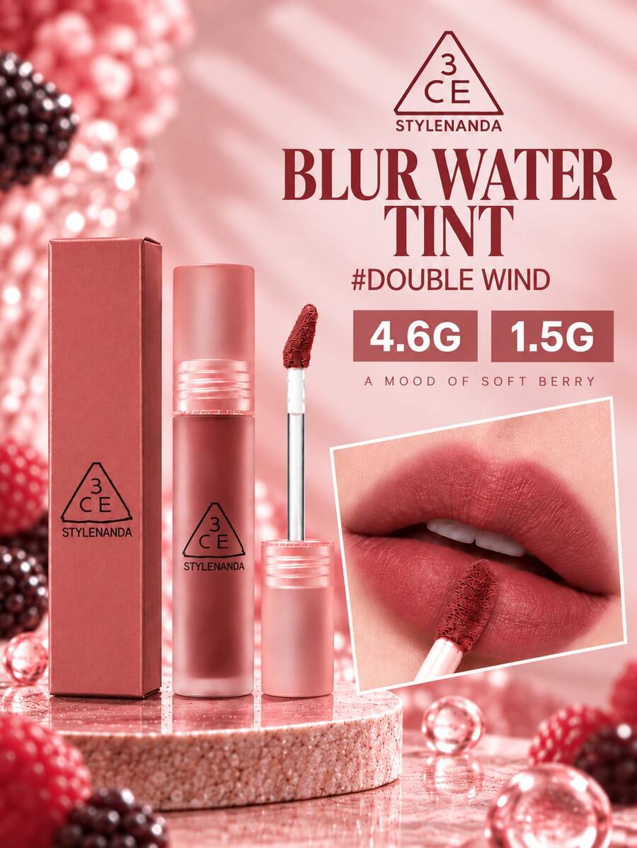 3CE Water Mist Lip Glaze #DOUBLE WIND, Ukuran Penuh 4.6g/Sampel 1.5g, Hasil Akhir Matte Lembut, Tidak Lengket, Pengunci Warna Membentuk Lapisan Sekali Sapu, Tahan Lama, Kebutuhan Sehari-hari