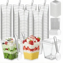 5oz Reusable Square Plastic Dessert Cups With Lids & Spoons, 50/100 Pack Dessert Bowls Containers For Pudding, Mousse, Party & Picnic - Transparent - View 2
