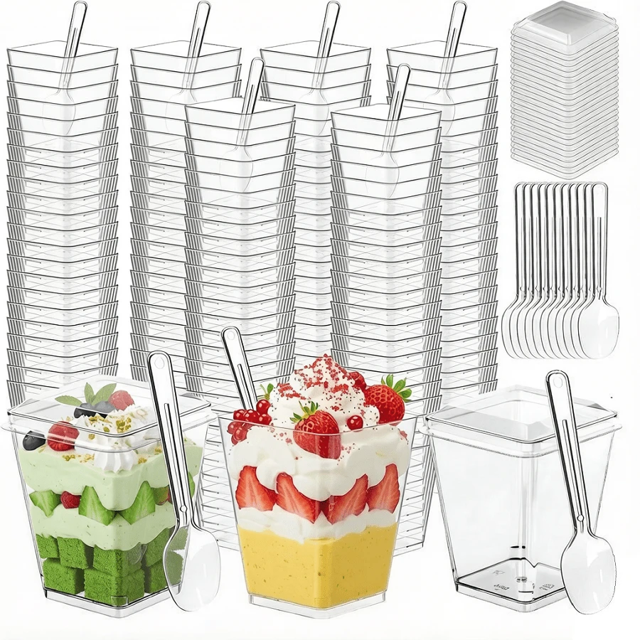 5oz Reusable Square Plastic Dessert Cups With Lids & Spoons, 50/100 Pack Dessert Bowls Containers For Pudding, Mousse, Party & Picnic