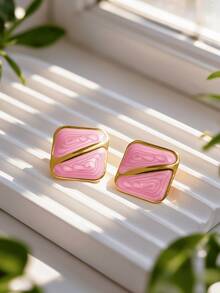 Multi-Color Square Enamel Stud Earrings Set, Stainless Steel Textured Geometric Women's Earrings, Low Sensitivity Fade-Resistant, Fashionable Versatile Eye-Catching - Multicolor - View 10