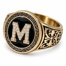 1pc Vintage Copper Color Black Enamel Letter M Stamp Ring Men's Jewelry - Bronze - View 5