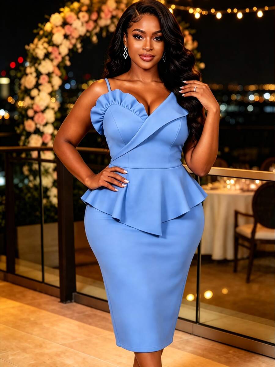 Robe midi élégante et charmante bleu ciel ajustée pour femmes, design à volants à une épaule avec couches, pour dîners formels, mariages et rentrée scolaire