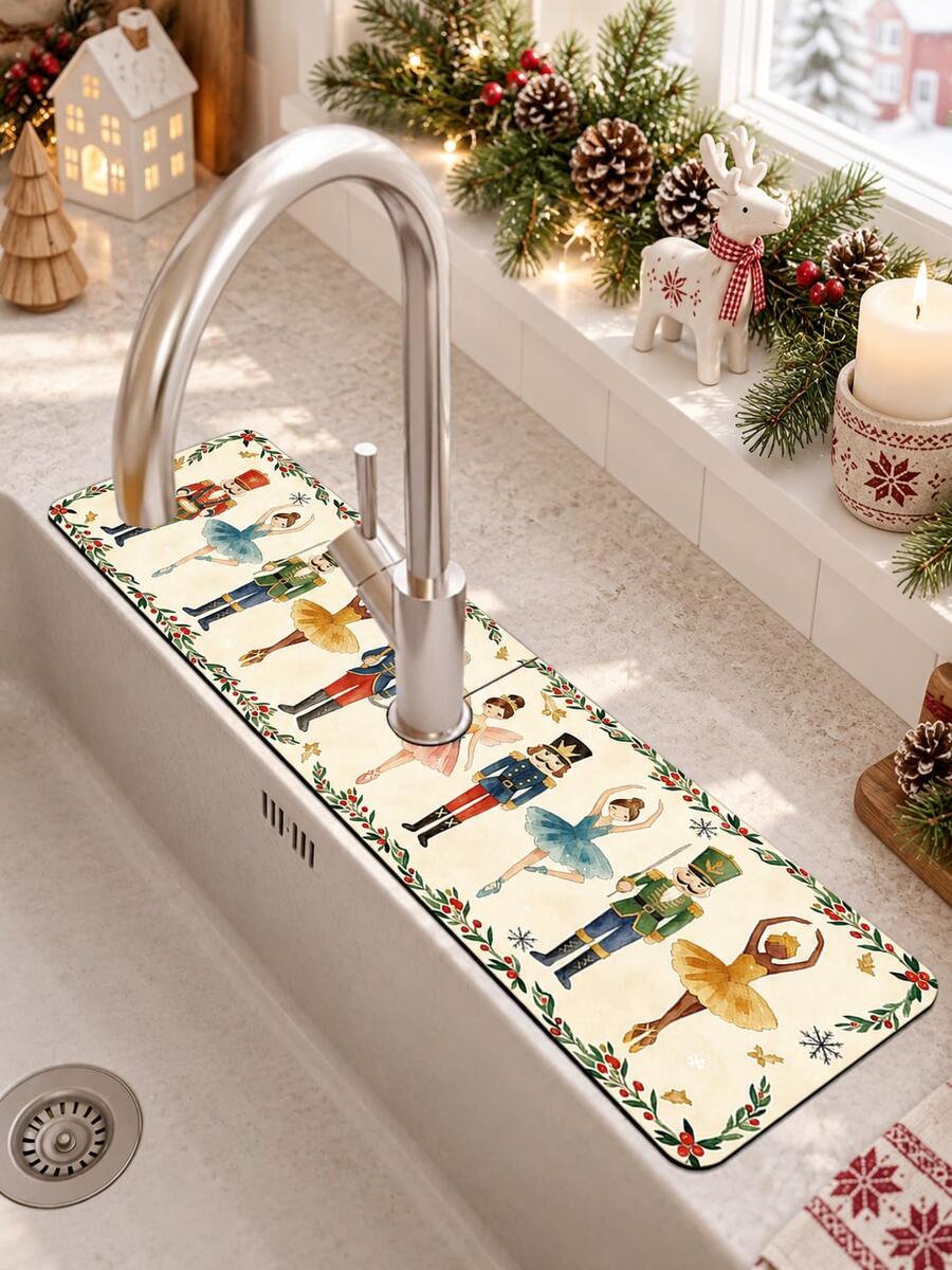 1pc Sink Faucet Water Absorption Mat, Christmas Doll Pattern, Drainage Mat, Suitable For Kitchen, Bathroom Sink, Countertop, Drainage Mat, Diatomaceous Earth Material, Trimmable, Quick Drying Mat - Multicolor - View 1