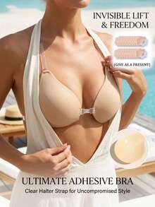 1pc/2pcs Invisible Strap Transparent Spoon-Shaped Breast Pads, Adhesive Bra With Easy-Wear Front Center Buckle Design, Adjustable Shoulder Straps, Curved Cup Neckline, Perfect For Vacation, Party And Photo Styling - Thin style - View 1