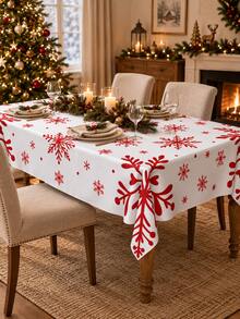 1pc Red White Christmas Snowflake Polyester Tablecloth, Minimalist Holiday Table Cover For Round & Square Dining Tables, Xmas Party Winter Home Decor - Multicolor - View 3