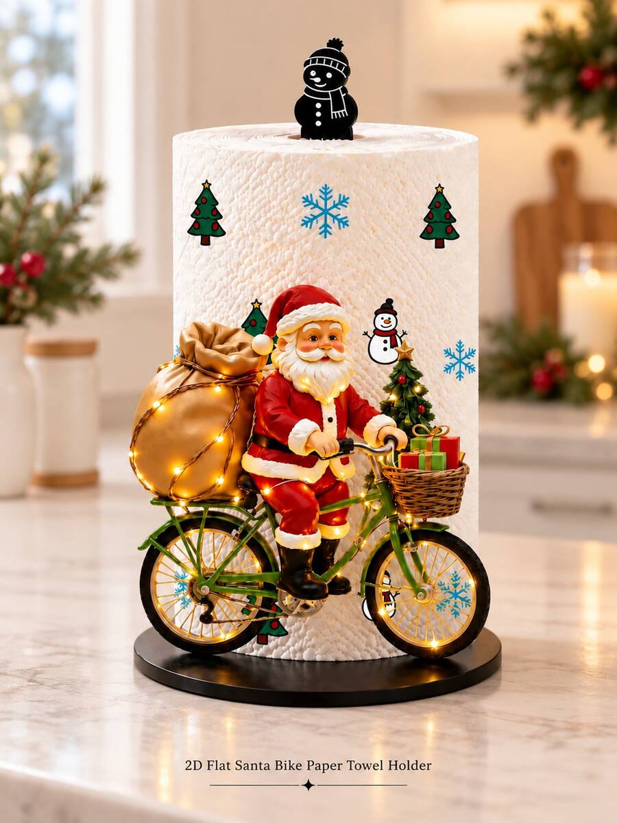 2D FLAT Christmas Decorative Kitchen Paper Towel Holder (No Power Light) - Desktop Tabletop Roll Holder With Display And Storage Function, Fun Cycling Santa Claus Design, Suitable For Kitchen, Bathroom, Living Room And Dining Room, Decorative Ornament To Create A Warm Christmas Atmosphere - Multicolor - View 1