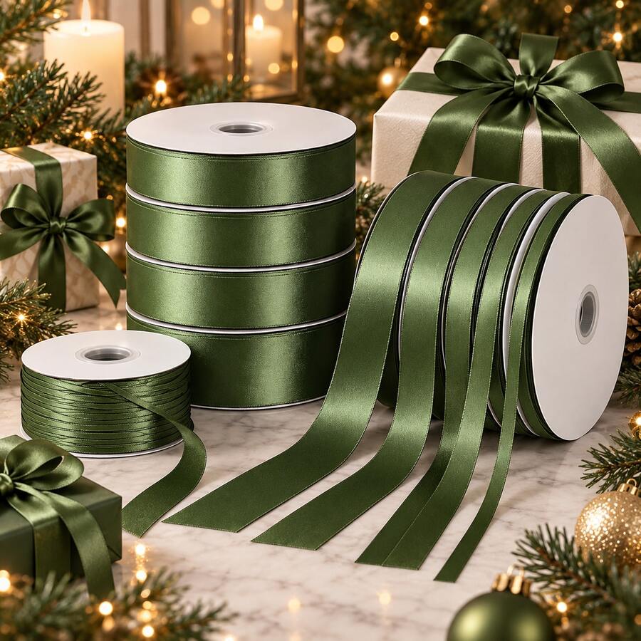 1PC 25 Yards Army Green Encrypted Polyester Satin Ribbon, 6 Sizes Available, Green Christmas Ribbon, Army Green Ribbon Suitable For Christmas Tree, Wreath, Hanging Decoration, Gift Wrapping, Garland, Holiday Crafts, Decorative Bows - Size 25 Army Green - View 1