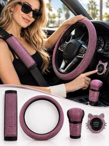 4pcs Sparkling Rhinestone Car Interior Accessories Set For Women, Cat Ear Start Button Ring, No Inner Ring Steering Wheel Cover, Gear Shift Cover And Seat Belt Shoulder Pad - Driver's Seat Set - View 9