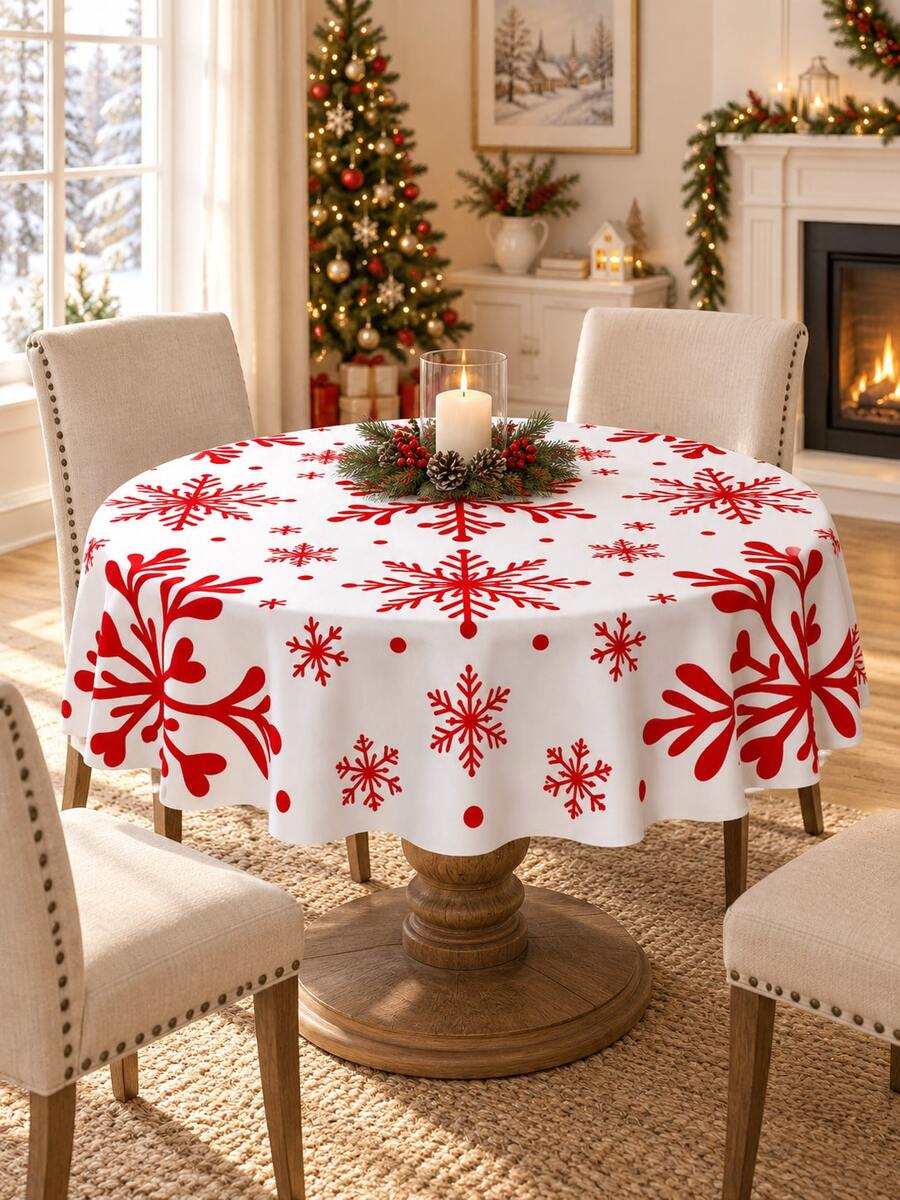 1pc Red White Christmas Snowflake Polyester Tablecloth, Minimalist Holiday Table Cover For Round & Square Dining Tables, Xmas Party Winter Home Decor - Multicolor - View 1