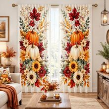 2pcs Three-Color Pumpkin & Floral Pattern Semi-Sheer Bedroom Curtains, 90GSM Polyester Semi-Transparent Privacy Protection, Mori Style Living Room Curtains, Kitchen Curtains, Suitable For Home, Room, Kitchen Partition Or Decoration, Rod Pocket Design Easy Installation, Quick Dry Water-Resistant Non-Fading, Lightweight Removable Washable Curtains - Multicolor - View 1