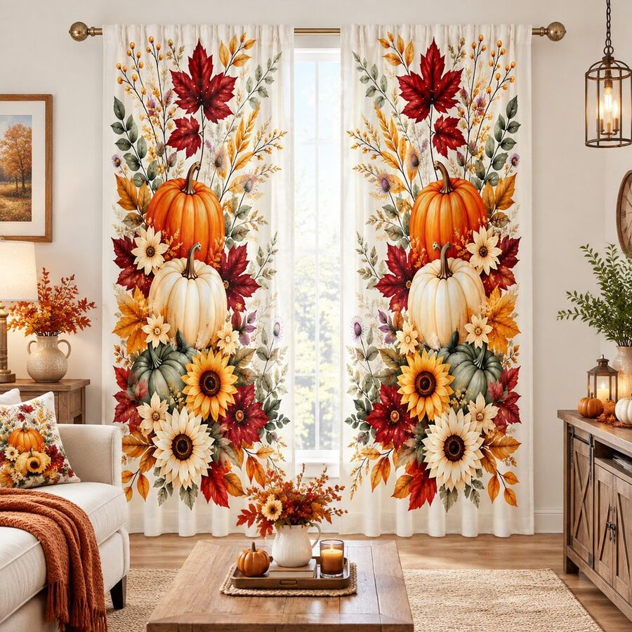 2pcs Three-Color Pumpkin & Floral Pattern Semi-Sheer Bedroom Curtains, 90GSM Polyester Semi-Transparent Privacy Protection, Mori Style Living Room Curtains, Kitchen Curtains, Suitable For Home, Room, Kitchen Partition Or Decoration, Rod Pocket Design Easy Installation, Quick Dry Water-Resistant Non-Fading, Lightweight Removable Washable Curtains - Multicolor - View 1