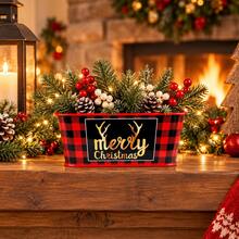 1pc Mini Metal Christmas Planter Boxes, Rectangular Holiday Flower Pots With Buffalo Plaid, Joy And Gingerbread Prints, Decorative Plant Containers For Tabletop, Home Decor, Party And Gift Basket - Christmas Flower Pot - View 7