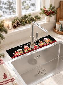 1pc Christmas Gingerbread Man Pattern, Sink Faucet Water Absorbent Mat, Drainage Mat, Suitable For Kitchen, Bathroom Sink, Countertop, Drainage Mat, Diatomaceous Earth Material, Trimmable, Quick-Drying Mat - Multicolor - View 4