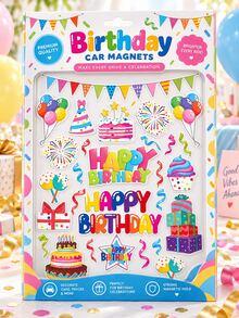 1組彩色生日快樂汽車磁鐵貼紙套組，含蛋糕、氣球、禮物與橫幅磁鐵貼紙，節日車輛裝飾生日慶祝派對用品 - 生日 - 查看 3