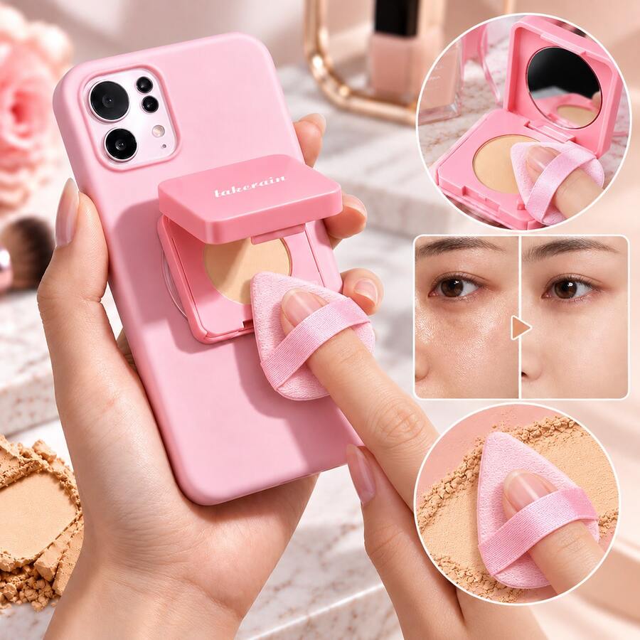 2-In-1 Pressed Face Powder & Phone Grip, Portable Matte Setting Powder With Built-In Mirror, Oil Control & Pore Blurring Compact Makeup For On-The-Go Touch Ups - Multicolor - View 1