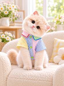 Olor Block Plaid Pet Shirt, Suitable For Small Cats And Dogs, Ruffle Peter Pan Collar Short Sleeve Button Front Puppy Kitten Outfit, Lightweight Pet Set - New Style - Multicolor - View 6