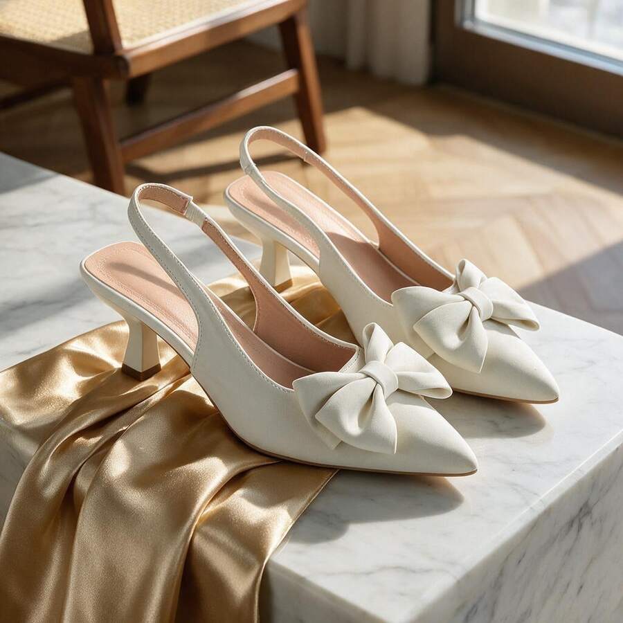 Fashionable Women's Beige Pointed Toe Bow High Heels, Comfortable And Stylish, Suitable For Workplace, Party Or Autumn/Winter Daily Wear - Off White - View 1