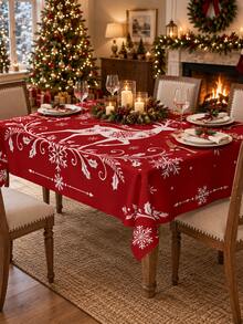 1pc Red White Christmas Reindeer Polyester Tablecloth, Snowflake Holly Pine Branch Print Table Cover For Round & Square Dining Tables, Xmas Party Winter Home Decor - Multicolor - View 12