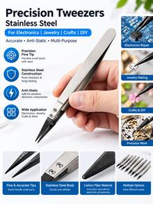 ESD-259A Precision Anti-Static Tweezers, Stainless Steel & Carbon Fiber ESD Tweezers, Suitable For Electronics, Jewelry, Crafts, Soldering And Precision Repair Tools - Silver - View 10