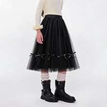Black Ballet Girl Mid-Length Summer Tutu Dress With Bow Decoration And Fluffy Tulle Layers, Perfect For Parties, Performances And Casual Outings - Black - View 1