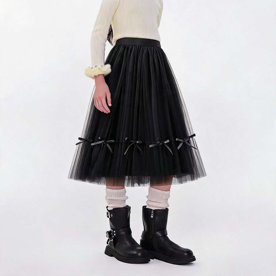 Black Ballet Girl Mid-Length Summer Tutu Dress With Bow Decoration And Fluffy Tulle Layers, Perfect For Parties, Performances And Casual Outings - Black - View 1