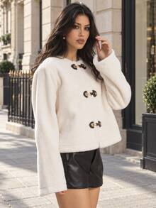 Women's Fleece Jacket, Casual Faux Sherpa, Metal Button, Round Neck, Thick, Warm Outerwear For Autumn/Winter - Beige - View 4
