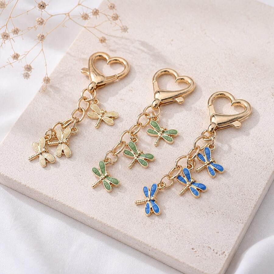 1Pc Enamel Dragonfly Keychain, Alloy Heart Clasp Bag Charm, Insect Pendant, Backpack Decor, Christmas Birthday Gift For Girls Women - Multicolor - View 1
