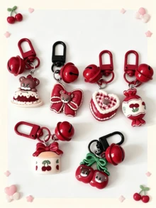3pcs Random Mixed Cartoon Vintage Berry Red Heart Bow Cherry Cake Bell Keychains, Japanese Girly Style Best Friend Gift, Backpack Charm, Versatile Holiday Gift - Multicolor - View 6