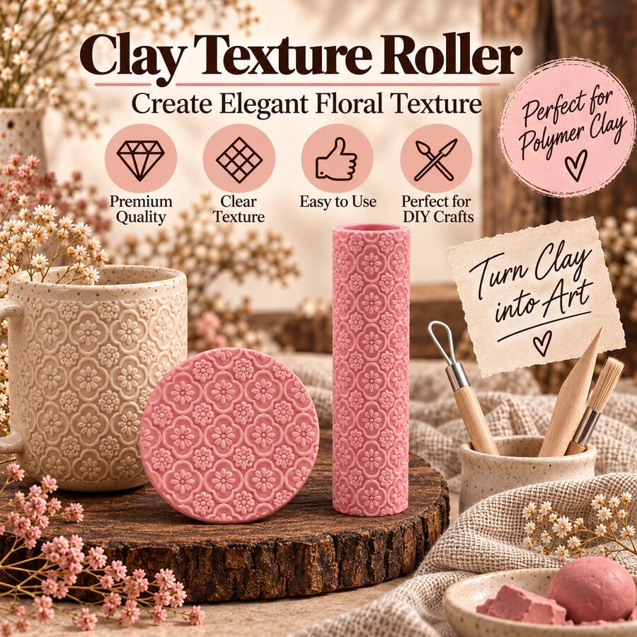 Petal Mesh Clay Roller, 3D Printed PLA Ceramic Texture Roller, Polymer Clay, Soft Clay, Air Dry Clay, Ceramic Embossing Tool For Pottery, DIY Handmade, Sculpture, Hand-Molding, Floral Geometric Pattern Printing Roller, Artist Ceramic Making Supplies - Petal Plaid Pink - View 1