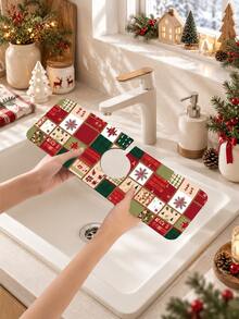 1pc Sink Faucet Absorbent Mat, Christmas Floral Pattern, Drainage Mat, Suitable For Kitchen, Bathroom Sink, Countertop, Drainage Mat, Diatomaceous Earth Material, Trimmable, Quick-Drying Mat - Multicolor - View 8