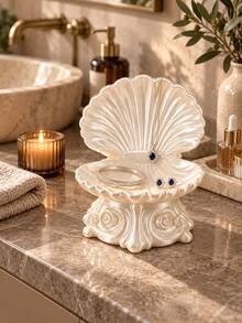 1pc Pearl White Shell Jewelry Display Tray With Exquisite Floral Base, Fashionable Storage For Rings, Earrings, Necklaces And Bracelets, Decorative Organizer For Vanity, Bedroom, Bathroom Countertop Or Entryway | Jewelry Storage Box, Shell Tray, Ring Holder, Gift - Multicolor - View 2