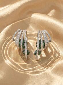Swarovski 1pair Silver Tone Layered Hoop Earrings With Green & Clear Glass Rhinestone, Statement Cuff Earrings For Women Party Jewelry - Silver - View 8