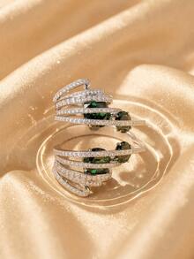 Swarovski 1pair Silver Tone Layered Hoop Earrings With Green & Clear Glass Rhinestone, Statement Cuff Earrings For Women Party Jewelry - Silver - View 7