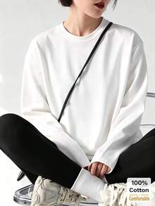 Women's Long Sleeve T-Shirt, Loose Mid-Length White Top, Layering Shirt, Fashionable For Autumn/Winter Casual Spring - White - View 1