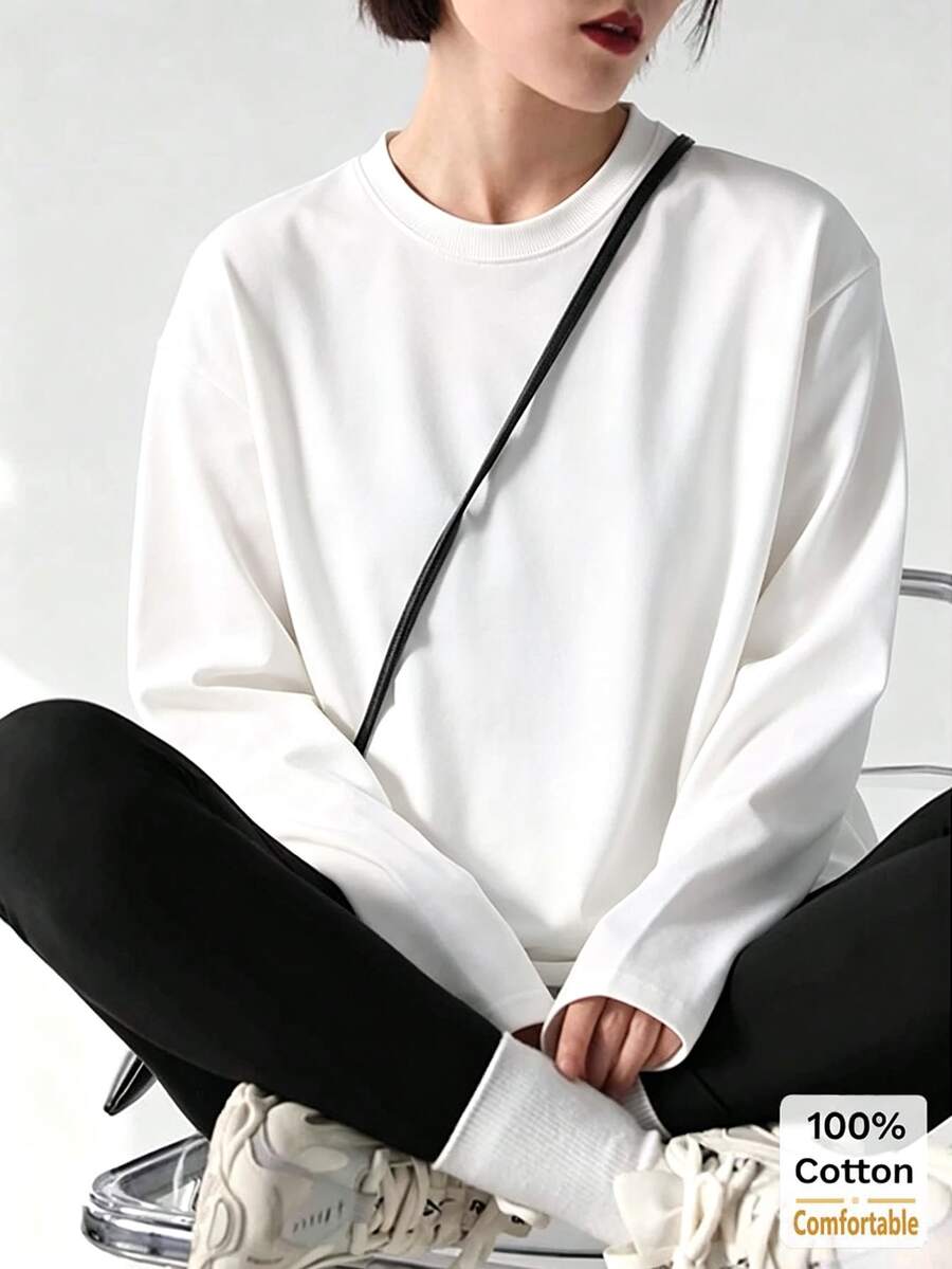 Women's Long Sleeve T-Shirt, Loose Mid-Length White Top, Layering Shirt, Fashionable For Autumn/Winter Casual Spring - White - View 1
