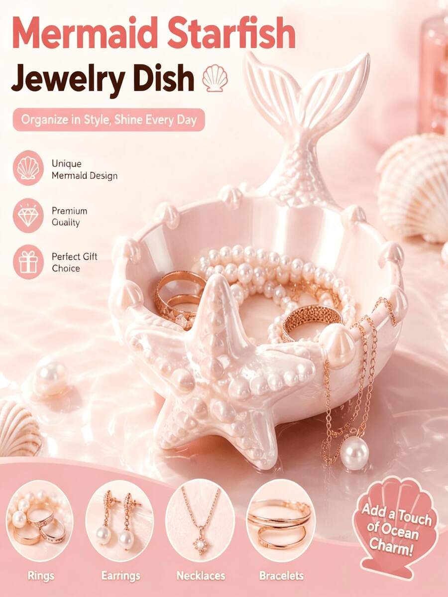 1pc Mermaid Starfish Jewelry Storage Tray, Ring Earring Necklace Decorative Dish - Multicolor - View 1
