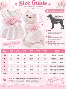 Princess Style Cat Dress, Pink Heart Print, Layered Ruffle Shoulder Decor And Large Satin Bow, Soft Cotton Gauze Fabric, With D-Ring Chest Harness, Suitable For Small Pets Summer Daily Wear - New Arrival - Pink - View 5