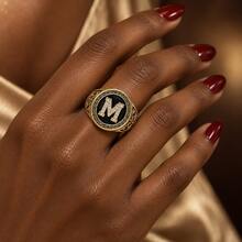 1pc Vintage Copper Color Black Enamel Letter M Stamp Ring Men's Jewelry - Bronze - View 8