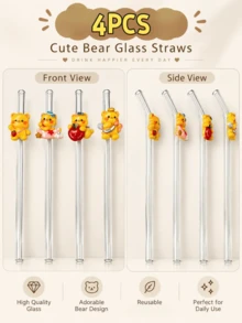 4PCS Reusable Clear Bent Glass Straw With Cute Yellow Bear Ornament, Suitable For Hot & Cold Drinks, Great For Beach Trip, Wedding Party & Holiday Present - View 8