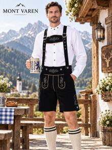 Herrarnas bayerska Oktoberfest-outfitset, rutig skjorta med broderade lederhosen-shorts, traditionell alpin stil med hängslen kostym - Svart hängslen - Visa 8
