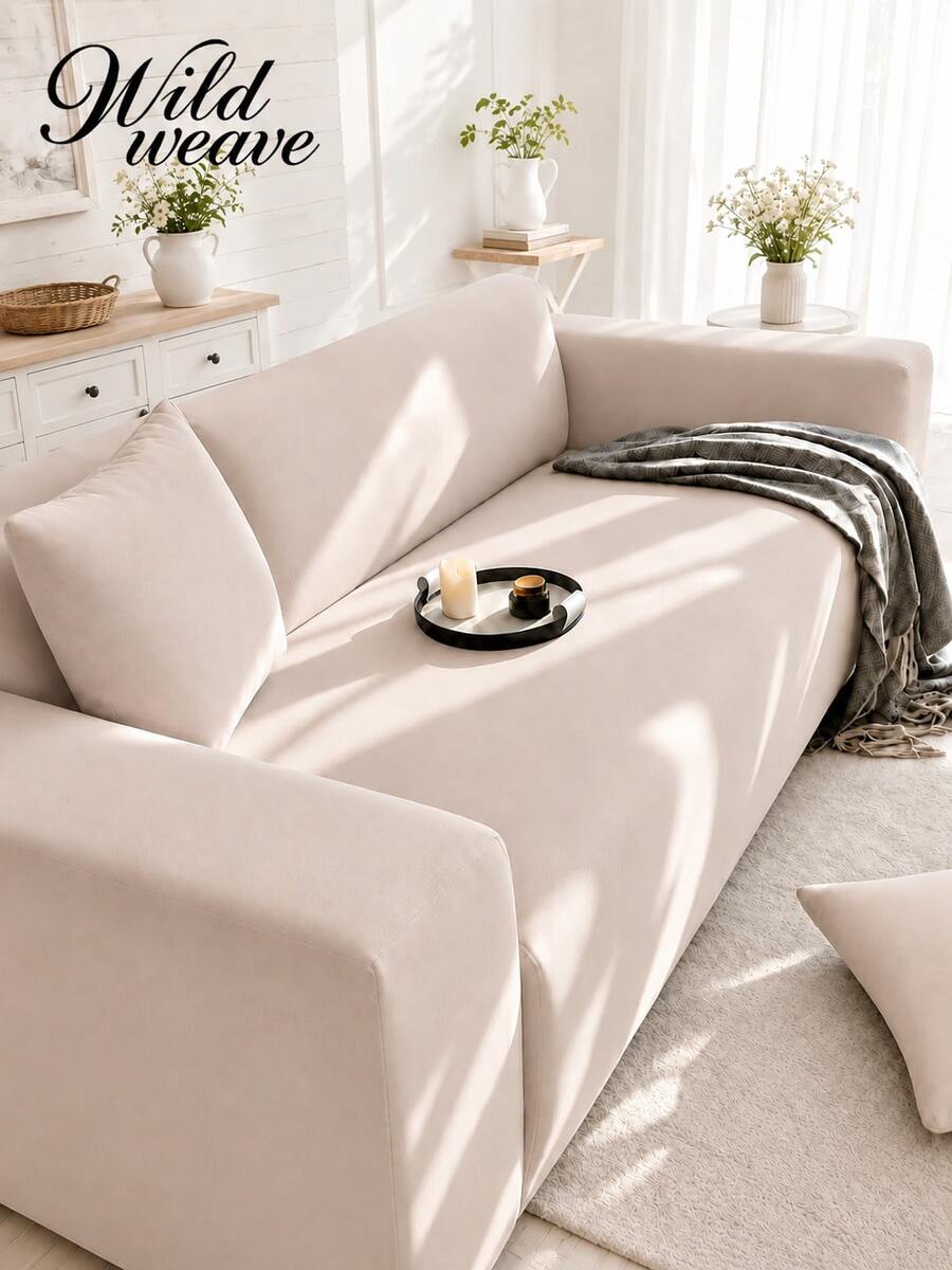 1pc Solid Color Milk Silk All-Season Elastic Full Sofa Cover + 1pc Matching Pillowcase Cushion Cover Without Filling