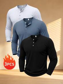 [3pcs/Pack]American Style Men's Long Sleeve Henley Shirt, Simple Solid Color 3-Button Crew Neck T-Shirt, Versatile Outdoor Commute Base Layer Top - Black - View 1