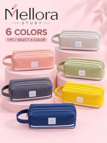 1Pc/6pcs Large Capacity Canvas Pencil Case With Handle, Double Zipper Multi‑Layer Pencil Pouch, Solid Color Portable Stationery Bag For Students Back To School Supplies - Double Zipper - View 10