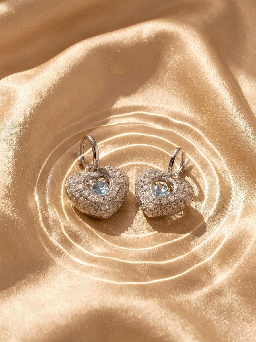 Swarovski 1pair Silver Tone Heart Drop Earrings With Blue & Clear Glass Rhinestone, Geometric Heart Dangle Earrings For Women Party Statement Jewelry - Silver - View 1