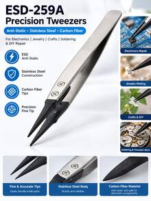 ESD-259A Precision Anti-Static Tweezers, Stainless Steel & Carbon Fiber ESD Tweezers, Suitable For Electronics, Jewelry, Crafts, Soldering And Precision Repair Tools - Silver - View 2