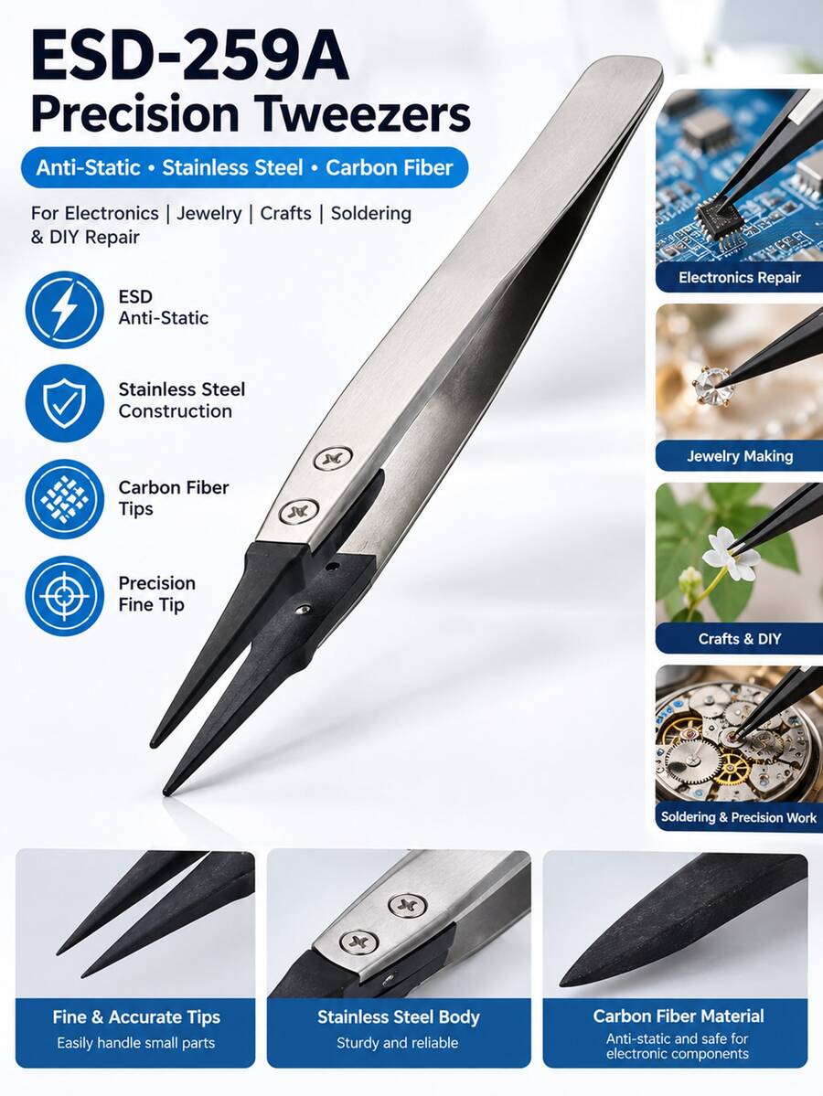 ESD-259A Precision Anti-Static Tweezers, Stainless Steel & Carbon Fiber ESD Tweezers, Suitable For Electronics, Jewelry, Crafts, Soldering And Precision Repair Tools