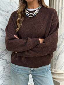 Plus Size Autumn/Winter New Solid Color Minimalist Round Neck Long Sleeve Casual Slouchy Women's Knit Sweater, Chocolate Brown Fashion Loose Commuter Pullover - Brown - View 7