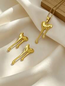 Ins Creamy Korean French Luxury 304 Stainless Steel Jewelry Set Square Textured Floral Star Heart Pendant Necklace & Earrings Minimalist Niche Design Showcasing Personalized Charm Simple Fashion Multi-Occasion Wear Hypoallergenic Fade-Resistant - Gold - View 2