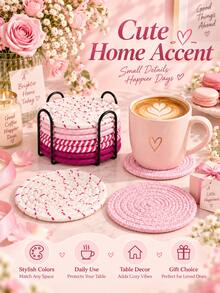 9Pcs/Set Cute Pink Handmade Braided Coaster Set With Storage Holder, Heat Resistant Non-Slip Reusable Drink Mat, Woven Coffee Tea Mug Pad, Aesthetic Fall Home Kitchen Dining Decor, Holiday Gift For Christmas Thanksgiving & Daily Use. Room Decor - Multicolor - View 6