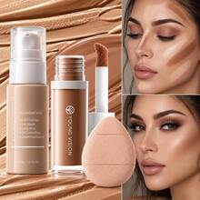 YOUNG VISION Oil-Control Matte Foundation & Matte Contour Liquid & Thumb Puff 3-Piece Set - Long-Lasting Waterproof Sweat-Resistant Facial Contour Makeup Kit For Daily Use And Gifting - Multicolor - View 1